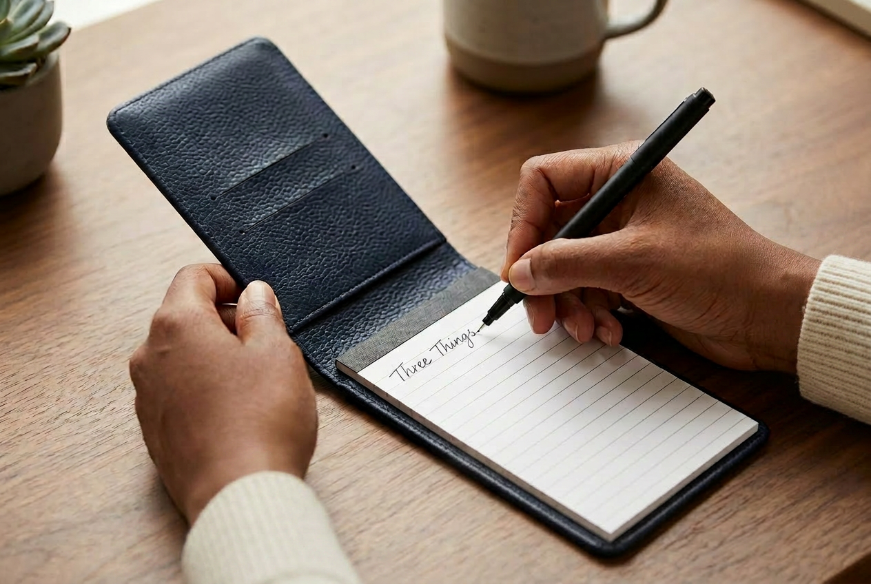 An African American woman's hands working with an A7 flip-top pocket notebook