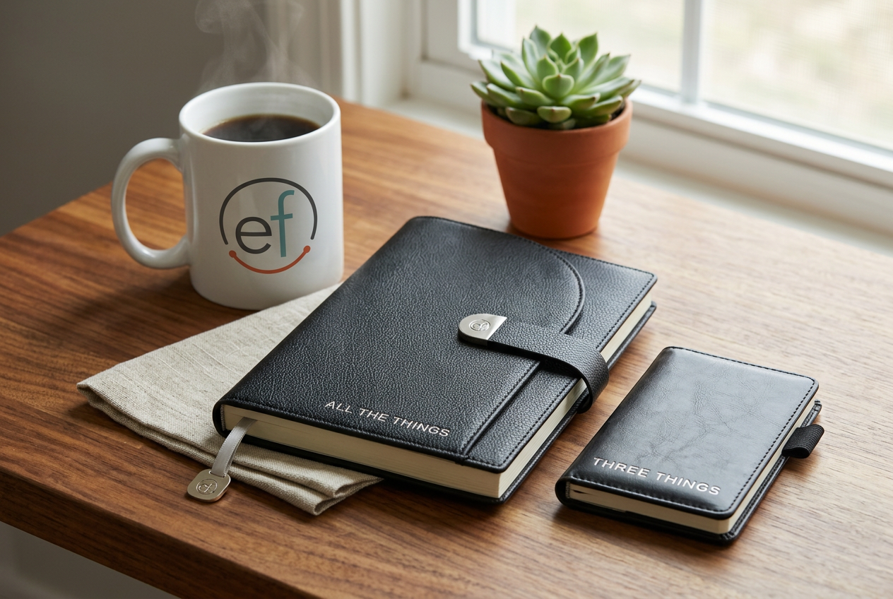 Executive FUNction All the Things journal and Three Things notebook on a kitchen table with a coffee mug featuring the EF logo