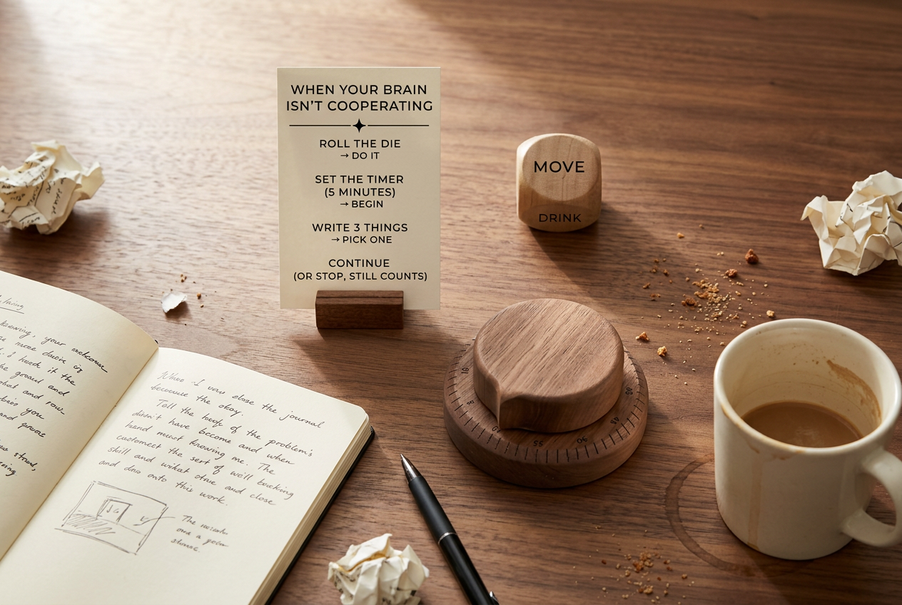 A wooden desk with the When Your Brain Isn't Cooperating card on a holder, a wooden Move/Drink decision die, a walnut kitchen timer, an open notebook with handwritten notes, a pen, crumpled paper, and a coffee mug in soft natural light