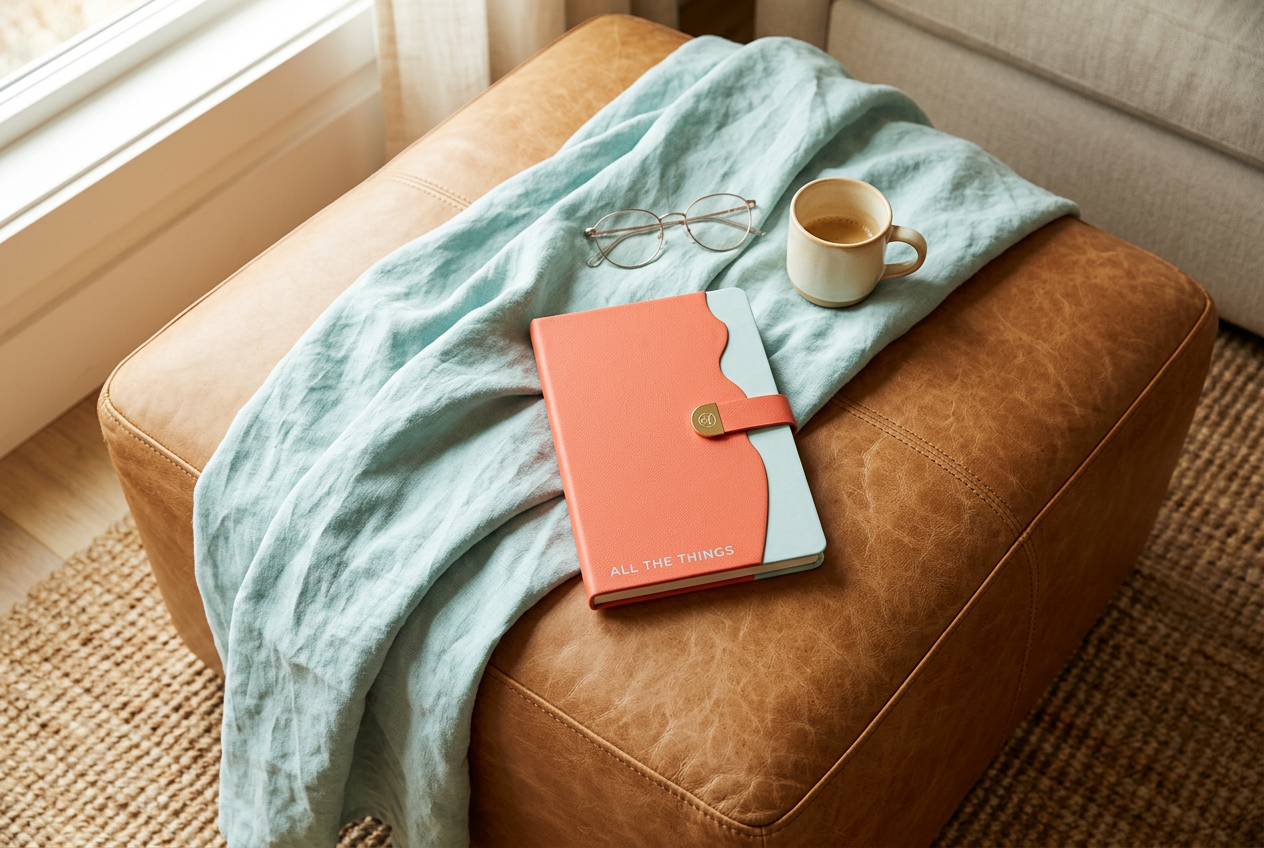 The coral and aqua All the Things journal resting on a soft aqua linen blanket draped over a tan leather ottoman in warm natural light