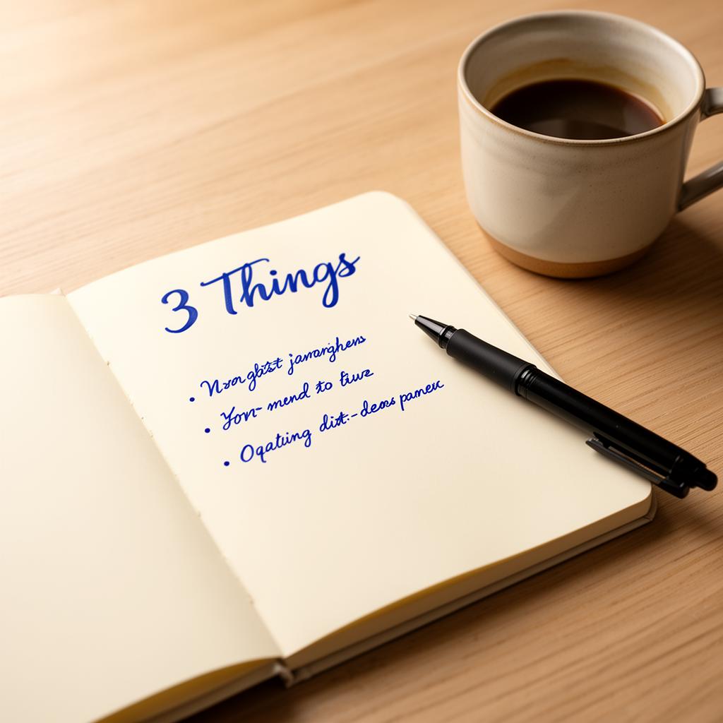 Open notebook on a clean wooden desk in soft natural light, with three handwritten items under the heading 3 Things, beside a ceramic coffee cup and a black pen